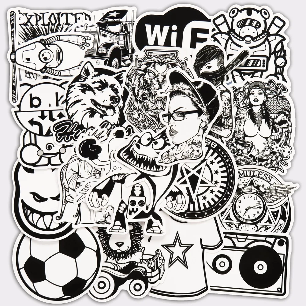 50 Pcs Campuran Hitam Dan Putih Stiker Untuk Laptop Koper Papan