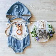 Cute 0-4Y Newborn Baby Toddlers Girls Jean Hooded Bodysuit Jeans Summer Playsuit Cotton Outfits