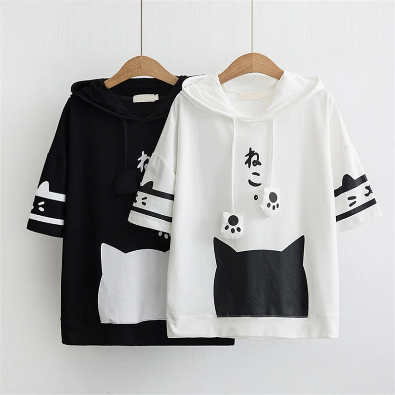  2018 Spring Summer New Women's Loose Hoodies Large Size Cute Cartoon Cat Pullovers Women Hooded Sho