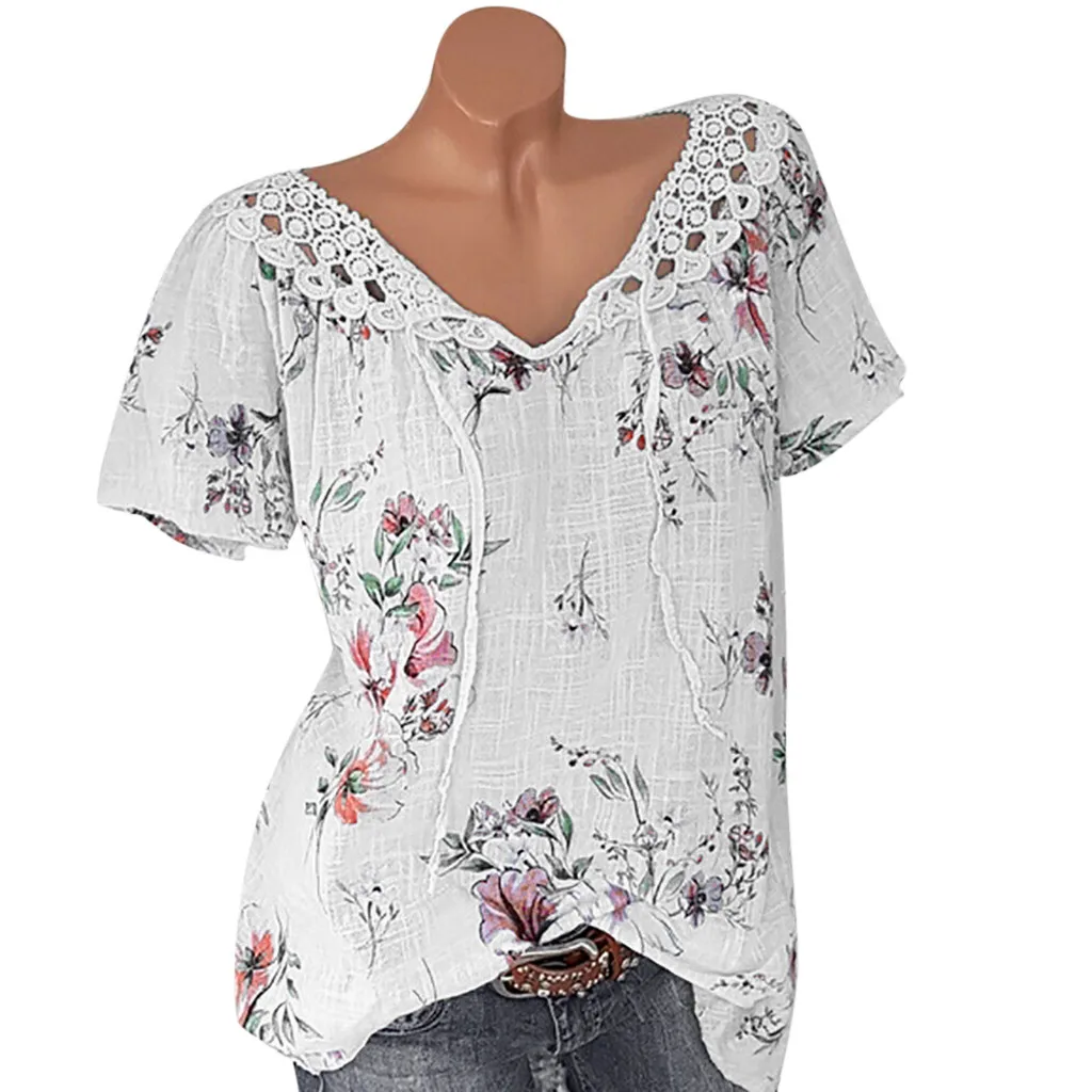 

SAGACEC Women's Shirt blouses woman 2019 plus size Short Sleeve Print Lace V-neck Blouse Pullover Tops Shirt Female Blouses Tops
