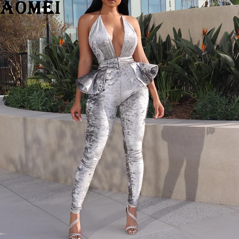 

Women Velvet Overalls Jumpsuit Deep V Neck Backless Halter Sleeveless Sexy Slim Clubwear Night Party Femme Tight Bodycon Clothes