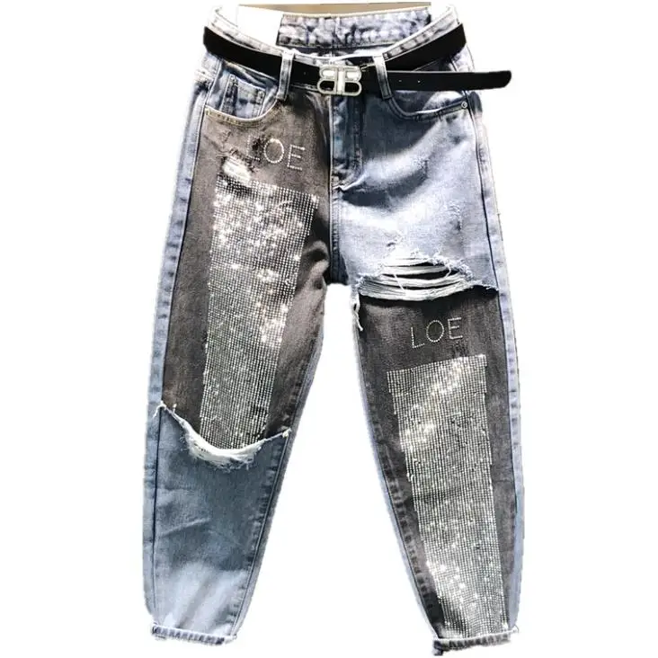

spring autumn fashion AB face hit color stitching jeans women diamond ankle length high waist Harem pants