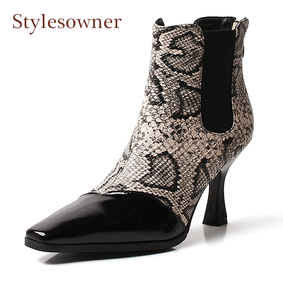 

Stylesowner retro style snake skin short boots women patent leather patchwork square toe chelsea shoes for women runway boots