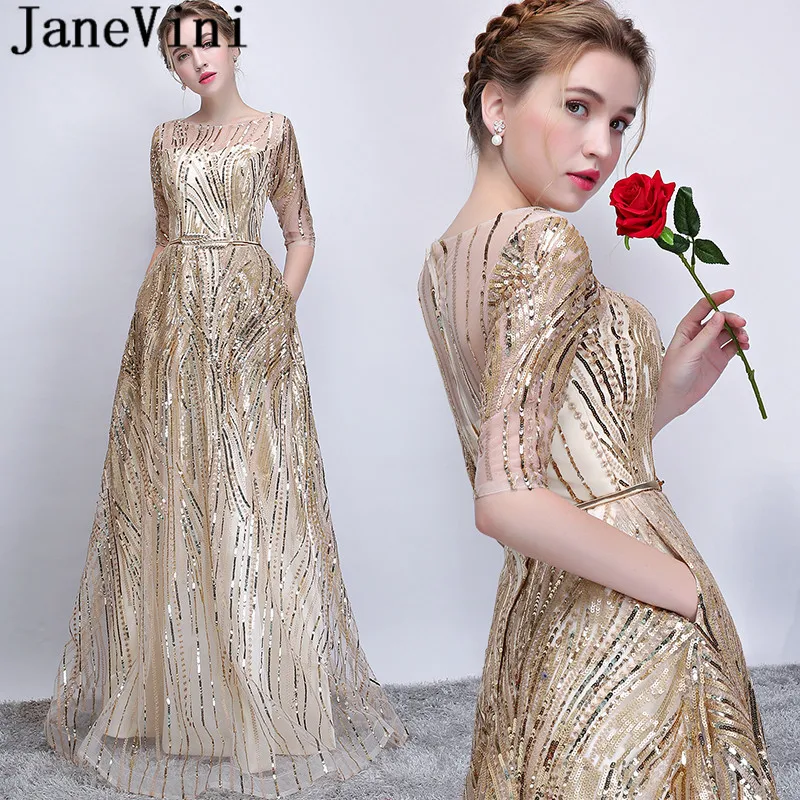 

JaneVini Sparkly Gold Sequined Prom Dresses With Half Sleeves Pockets 2019 Long Gala Dress for Women Sash Ceremony Evening Gowns