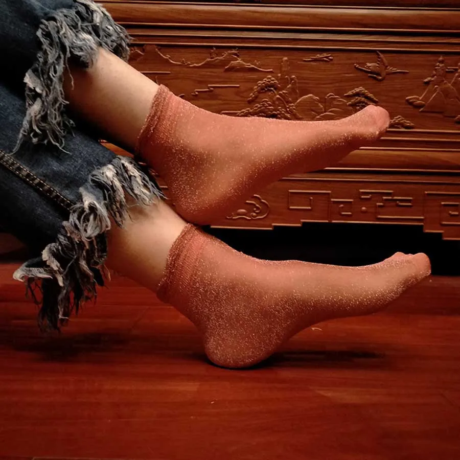 12 цветов, новые летние женские ультратонкие прозрачные носки, блестящие Прозрачные шелковые носки Meias, красивые кружевные блестящие эластичные короткие носки