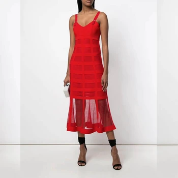 

Women 2018 Summer Chic Sexy Red Sleeveless Bandage Dress Mesh Solid Bodycon Mid-Calf Vestidos Party Celebrity Wholeslae Festa