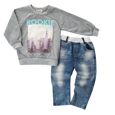 2pcs set Baby Kids Boys Clothes Cool Long Sleeved O Neck Shirt Sweater Jeans Denim Trousers