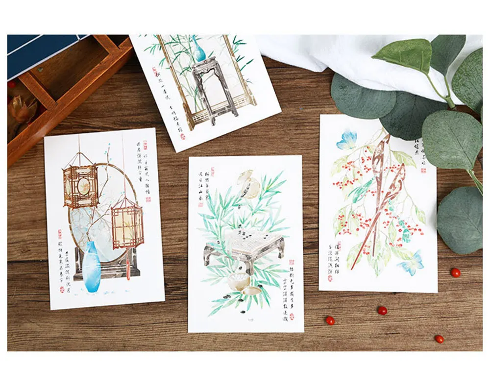 30 шт./лот, Классическая китайская открытка, красивый цветочный пейзаж, поздравительная открытка, Рождественская открытка, открытка на день рождения, открытка, Подарочная открытка
