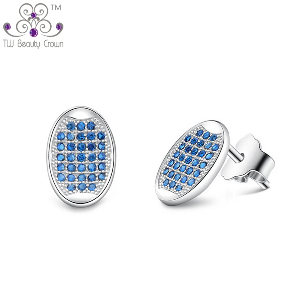 

Real 925 Silver Fashion Wedding Jewelry Micro Paving Nobel Oval Blue Green Cubic Zirconia Stud Earrings For Woman