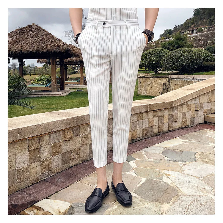 Летние полосатые мужские брюки, черные белые мужские штаны, модные мужские обтягивающие брюки, офисные брюки длиной до щиколотки