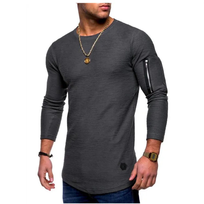 

2019 Hot Style Men's Solid Colour Round Neck Long Sleeve T-shirt Arm zip stitching jogging Casual hip hop T-shirt