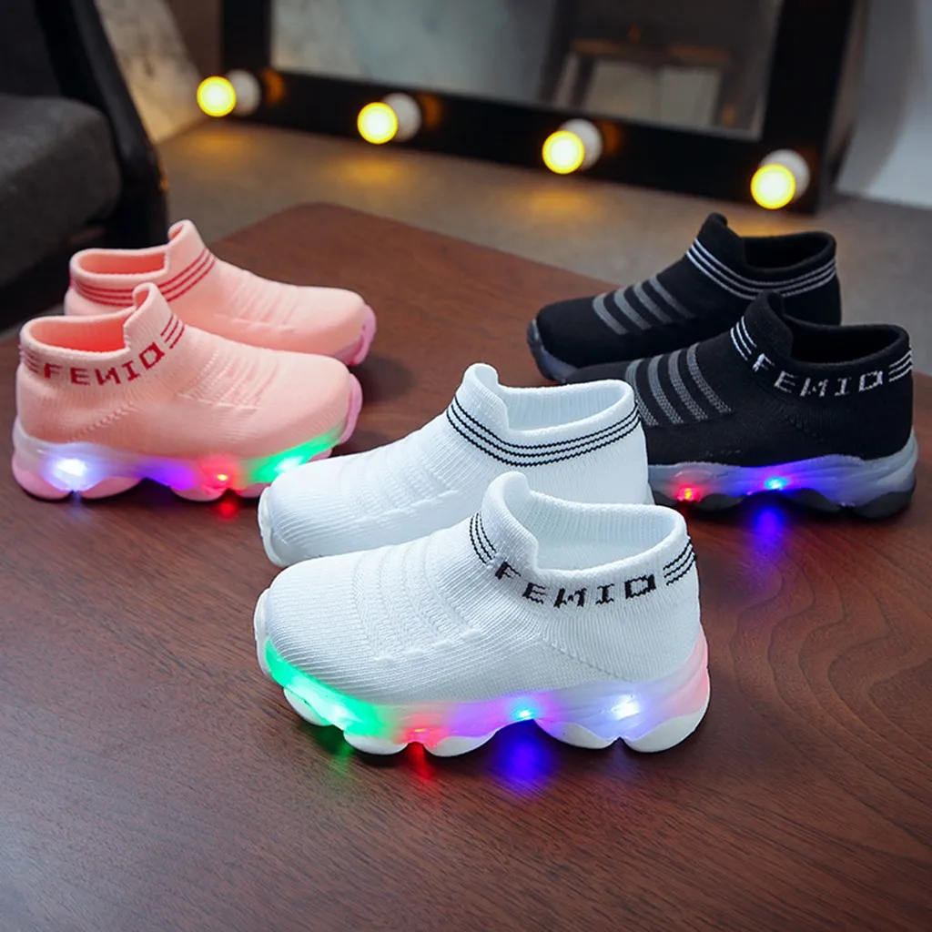 Детские светящиеся носки с буквенным принтом для маленьких мальчиков и девочек; спортивные кроссовки; повседневная обувь; светящаяся детская обувь для бега;# F