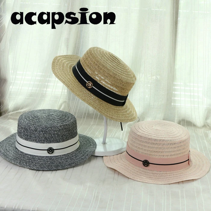 

Acapsion Women Summer Straw Hat Flat Short Brim Panama Jazz Cap Sun Protection Sea Beach Bowler Hat For Women Chapeu Feminino