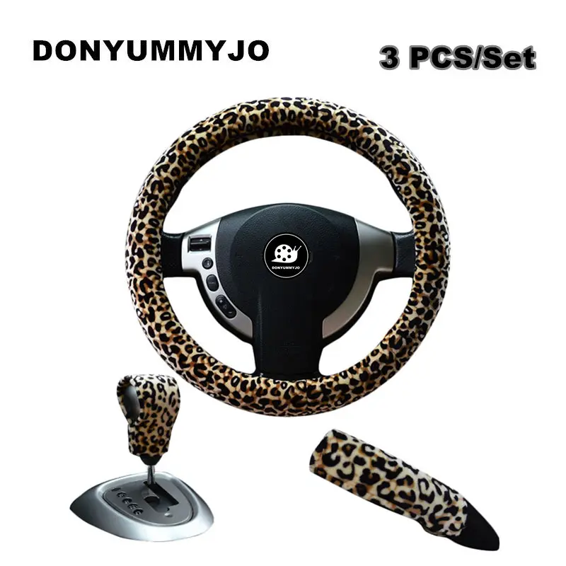 High Quality Soft 38cm Leopard Auto Car Steering Wheel Covers+handbrake