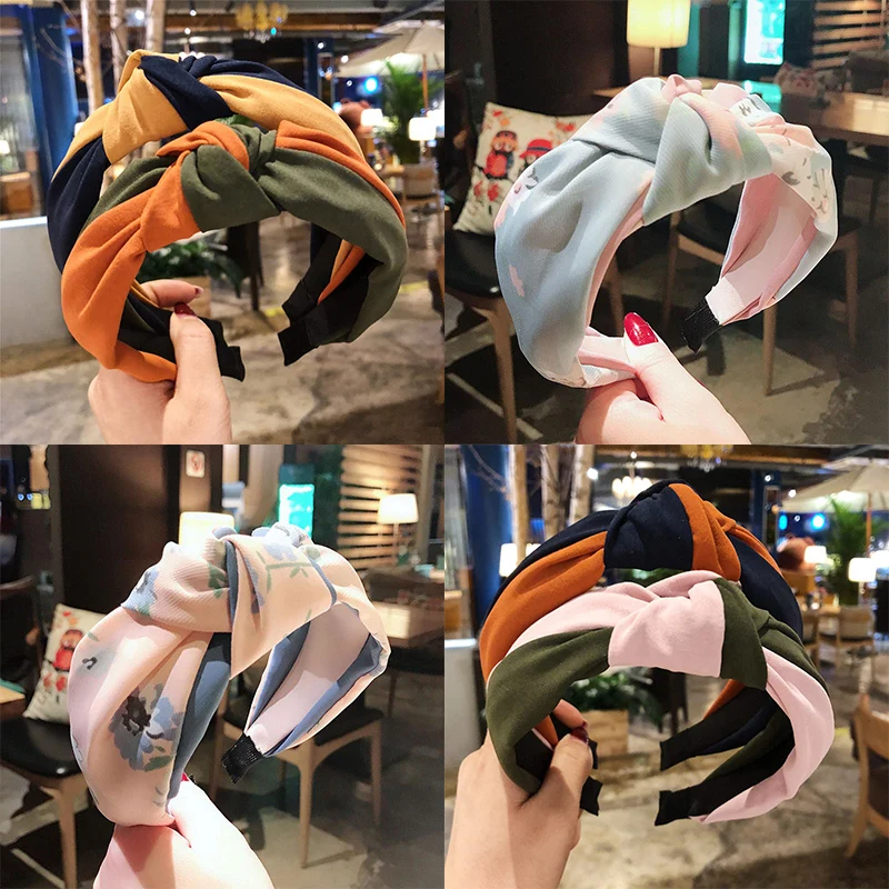 

Wide 1PC Patchwork Cloth Strip Retro Hendband Wash the face Print Cross Hair Hoop Handmade Knit 2019 New Arrival Women Flower