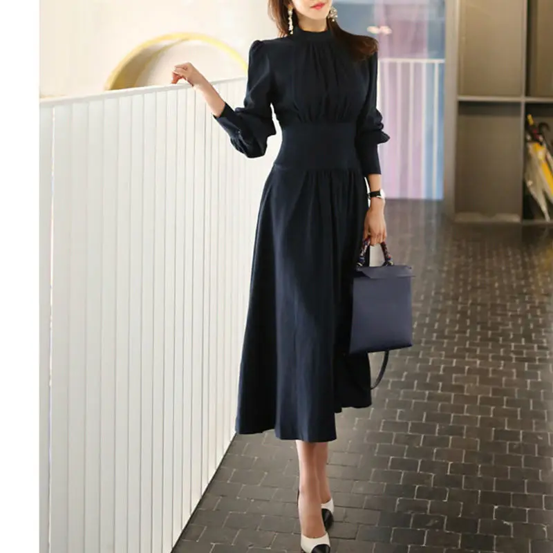 

Stylish OL Stand Collar Lantern Sleeve Women Dress Elegant Slim High Waist A-line Female Long Dress Party Vestidos Femme