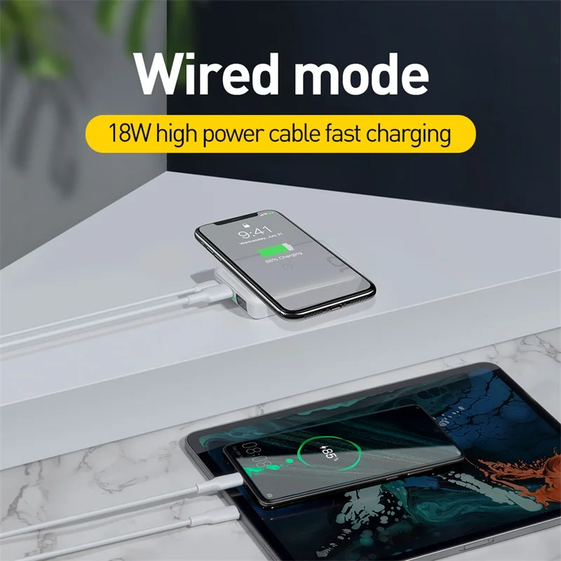  Banco de energía Baseus 10000mAh cargador inalámbrico QI de 10W y cargador rápido con cable de 18W 
