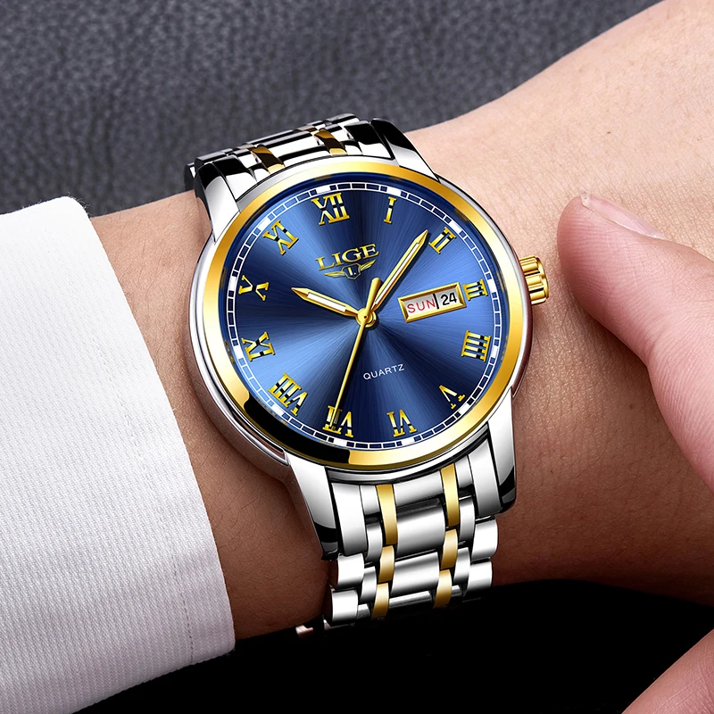 2019 LIGE Luxury Brand Men Stainless Steel Gold Watch Men's Quartz Clock Man Sports Waterproof WristWatch Relogio Masculino+B 