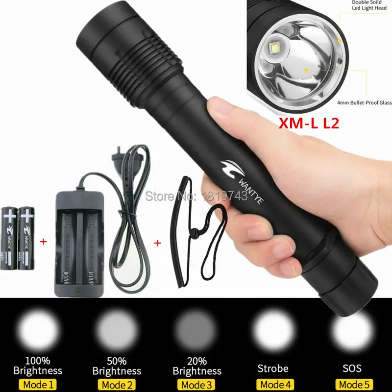 

Underwater Diving Flashlight 6000LM XM-L L2 100m LED Diver Torch 5 Modes Waterproof Flash light lamp+18650 Battery/Charger