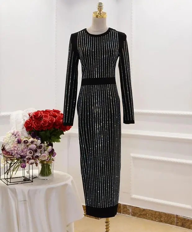 

High Quality Paris Fashion 2018 Luxury Long Sleeve Autumn Women Sexy Black Rhinestone Diamond bodycon Celebrity Party Dresses
