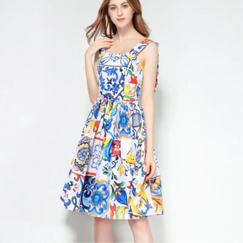 2019 New Dresses Women Summer Dress Vacation Holiday Style Blue Print Spaghetti Strap Vestidos | Женская одежда