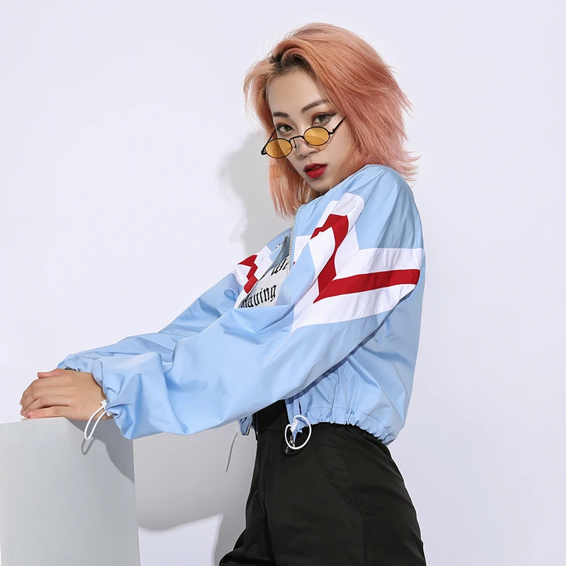 discounted  Rapwriter Panelled Strip Patchwork Bomber Women Jackets 2019 Spring Stand Collar Long Sleeve Drawst