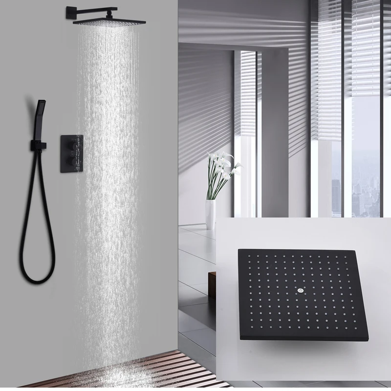 

10 inch Wall Mounted Black Shower Faucets Set Thermostatic Water Saving Top Rain Shower Head Square Bathroom Modern Shower