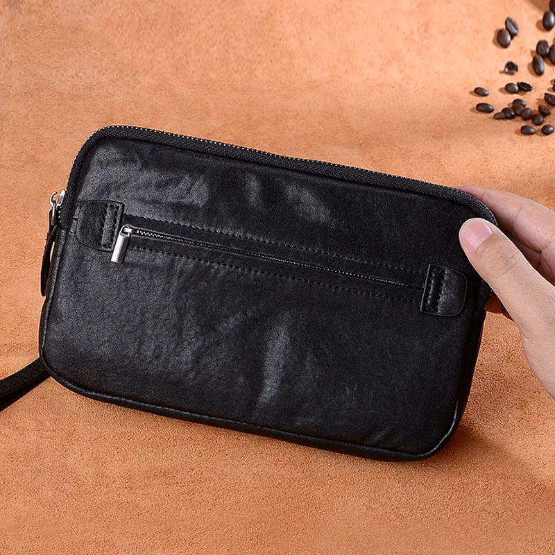

Difenise Double Zipper Close Design Genuine Leather Men Handmade Clutch Bags Vintage Style Card Men Business Handbags Clutch bag