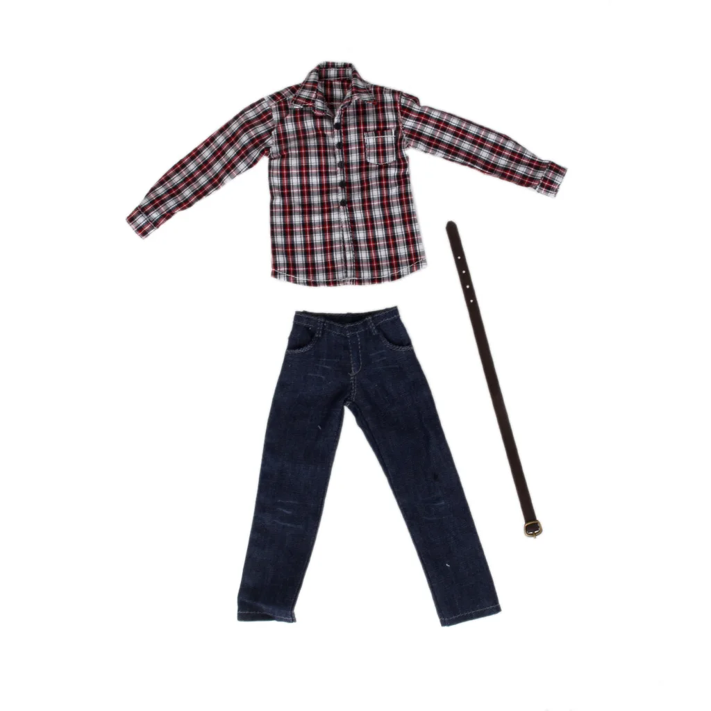 

1/6 Scale Male Clothes for 12 inch Action Figure Red Plaid Long Sleeve Shirt Jeans Suit Dolls Casually Cool Outfits Clothing Set