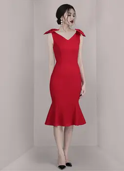 

2019 Mermaid Dress Sexy Celebrity Backless Bow Fashion Women V Neck Sleeveless Night Club Bandage Body con Party Dress Wholesale