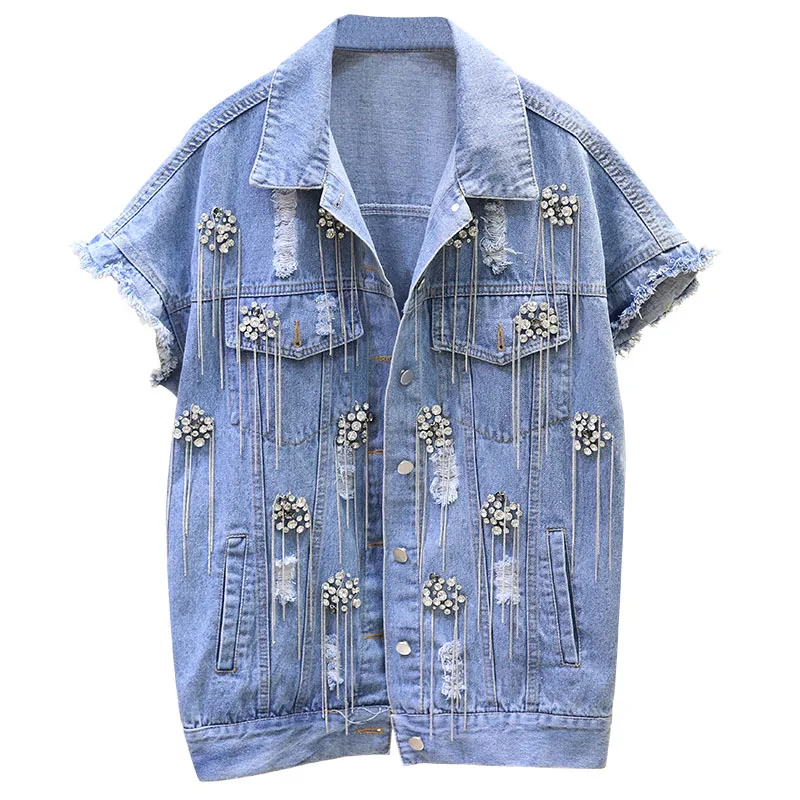 

2019 New Female Spring Autumn Fashion Heavy Drilled Ribbon Hole-Piercing Jean Jacket Sleeveless Short Coat Women Vest Vests