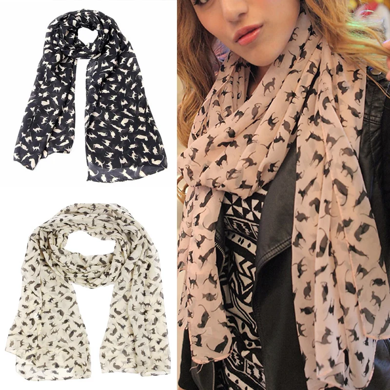 

New Arrival Fashion Women Chiffon Scarf Lovely Kitten printing Scarves Silk Shawl Female