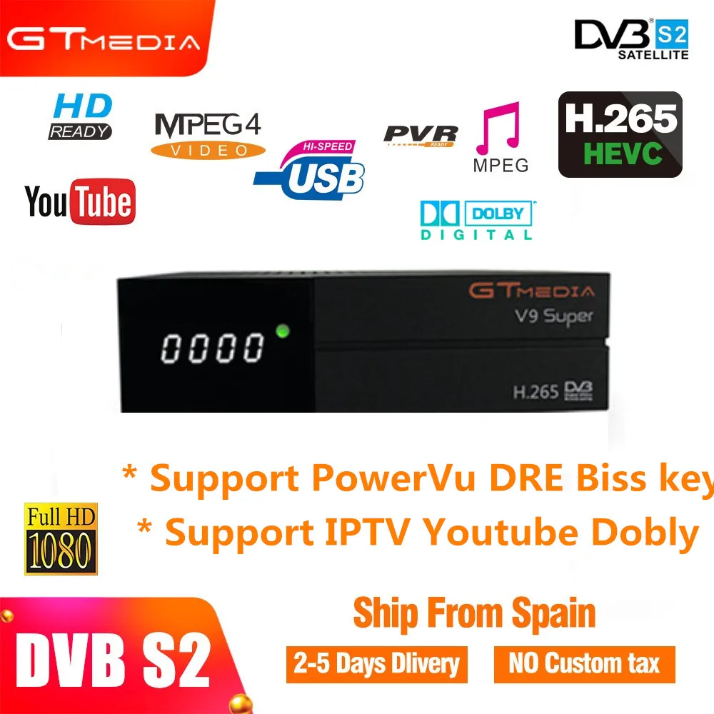 

GT Media DVB S/S2 satelite tv receiver v9 super support PowerVu Dobly Biss key cccam H.265 built in wifi PK Freesat v8 super