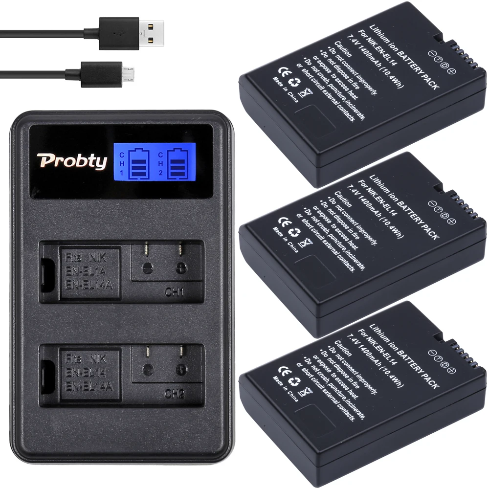 3Pcs PROBTY EN EL14 ENEL14 EN EL14 Batteries + LCD Dual Charger For