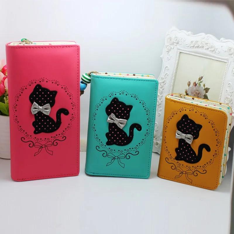  Free Shipping Cute Cartoon PU Leather Wallets Lovely Cat Printing Dots Women Wallet Ladies Clutch Change Coin Purse Card Holder 