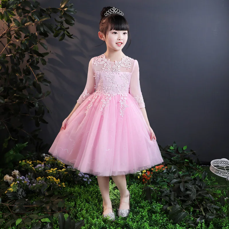 

it's YiiYa Flower Girl Dress for Wedding Embroidery Short N Long Tulle Ball Gown Kid Party Communion Dress White Pink 2019 2803