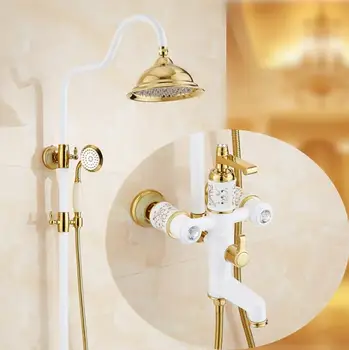 

Free Shipping Polished Golden & Grilled white paint Shower Bathtub Faucet Wall Mount Bathroom Rainfall Shower Faucet