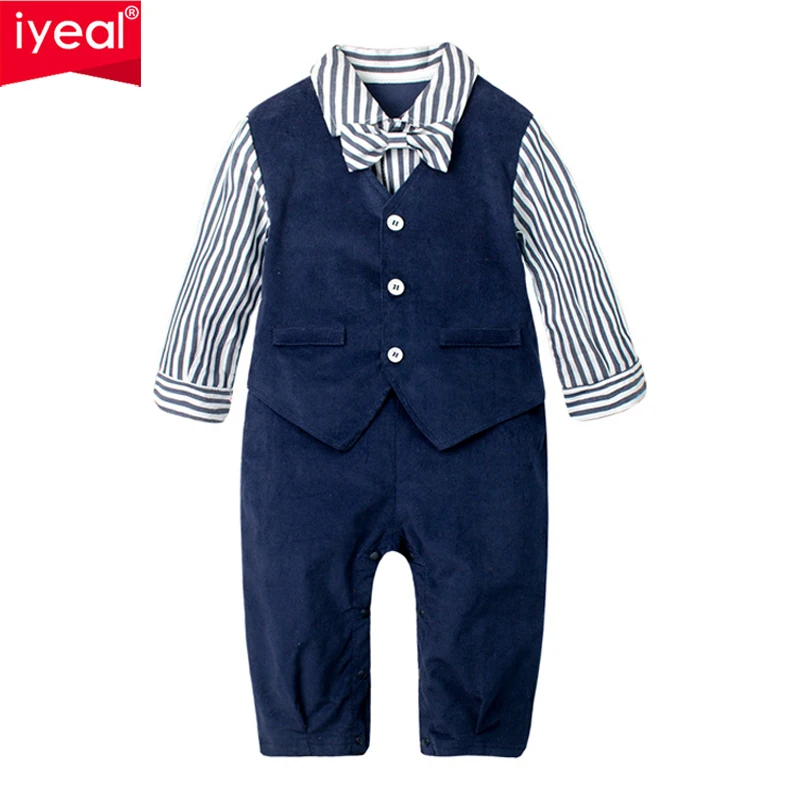 

IYEAL Handsome Baby Rompers 2018 Newborn Gentleman Clothing Infant Bow Tie Fake Two Pieces Cotton Baby Jumpsuit Baby Boy Clothes