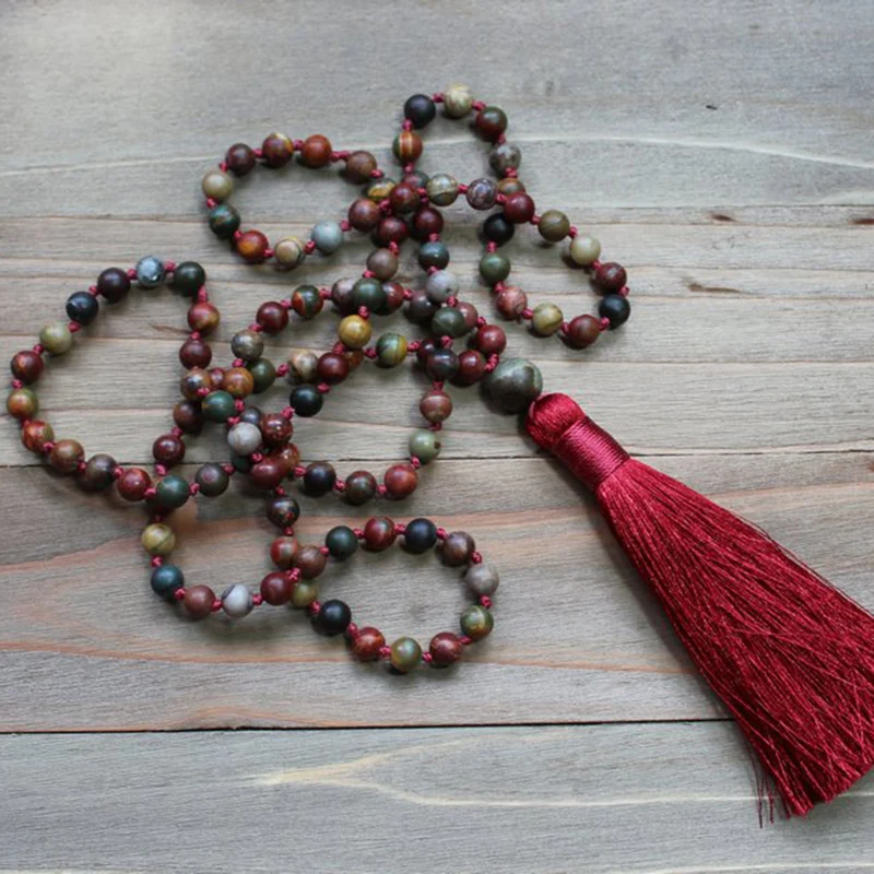 Красное ожерелье с кисточками для женщин 108 Mala Beads J-asper Boho Tassel ожерелье Йога ювелирные изделия ожерелье медитация подарки