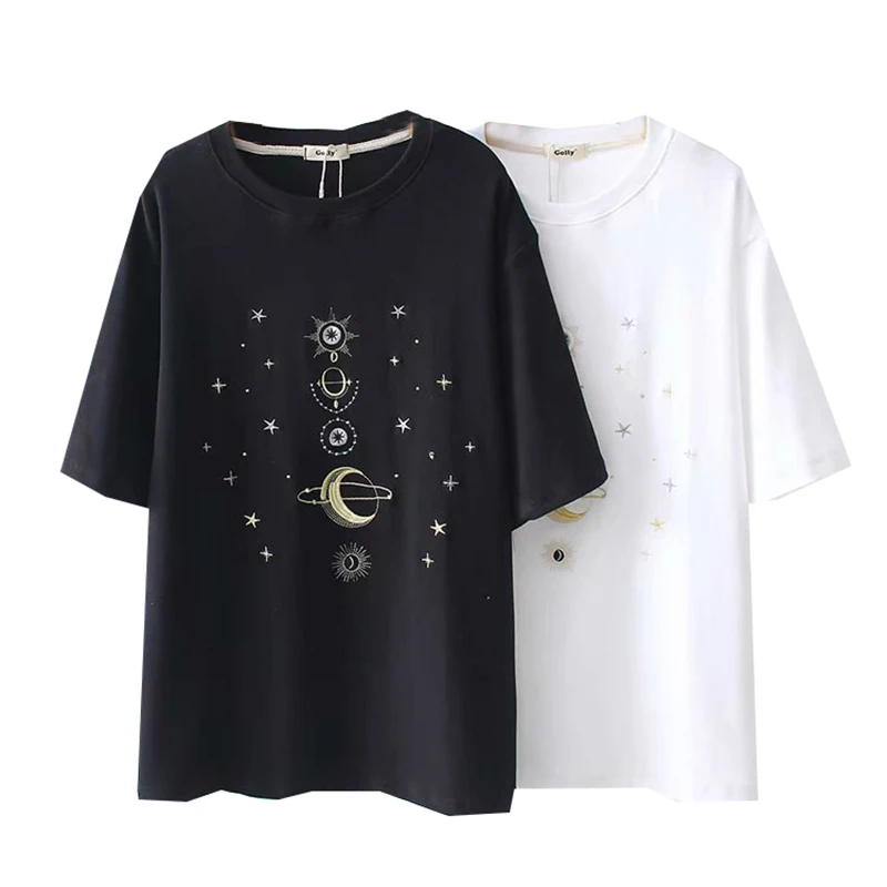

PERHAPS U white black short sleeve tee tops women t shirt o neck summer moon star embroidery B0296