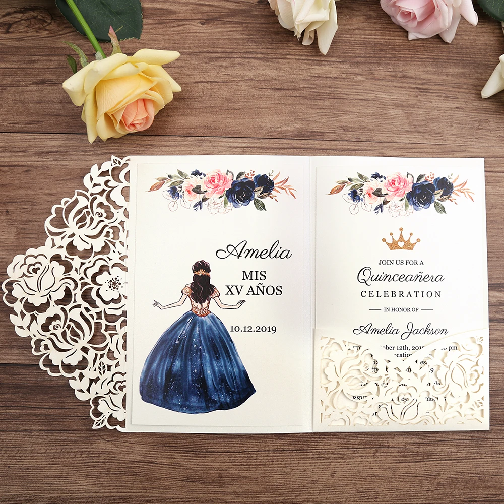 

White Laser Cut Floral Pocket Greeting Cards with Envelope Customized Party Wedding Invitations, 100pcs , CW0008W