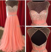 Wurf Funkelt Pfirsich Farbe Sheer Neck Perlen Nude Zurück Open Back Lange Abendkleid Frauen Verschiffen