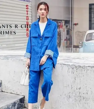 

High fashion Streetwear Women TWO Pieces set DARK BLUE COLOR top quality winter suit female am147