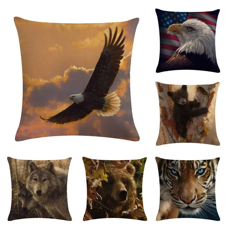 

Animal Cushion Cover 45x45cm wildlife Tiger Eagle Lion Wolf Bear Pillowcase For Sofa Throw Pillow Cover