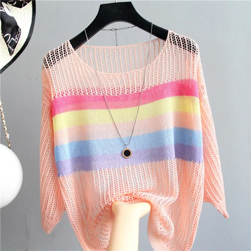 

New Woman Color Matching Knit Openwork Striped Loose Blouse Top