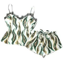 Lenceria/женская одежда для сна, пижамы, женские сексуальные летние пижамы без рукавов с круглым вырезом и принтом, атласное шелковое белье