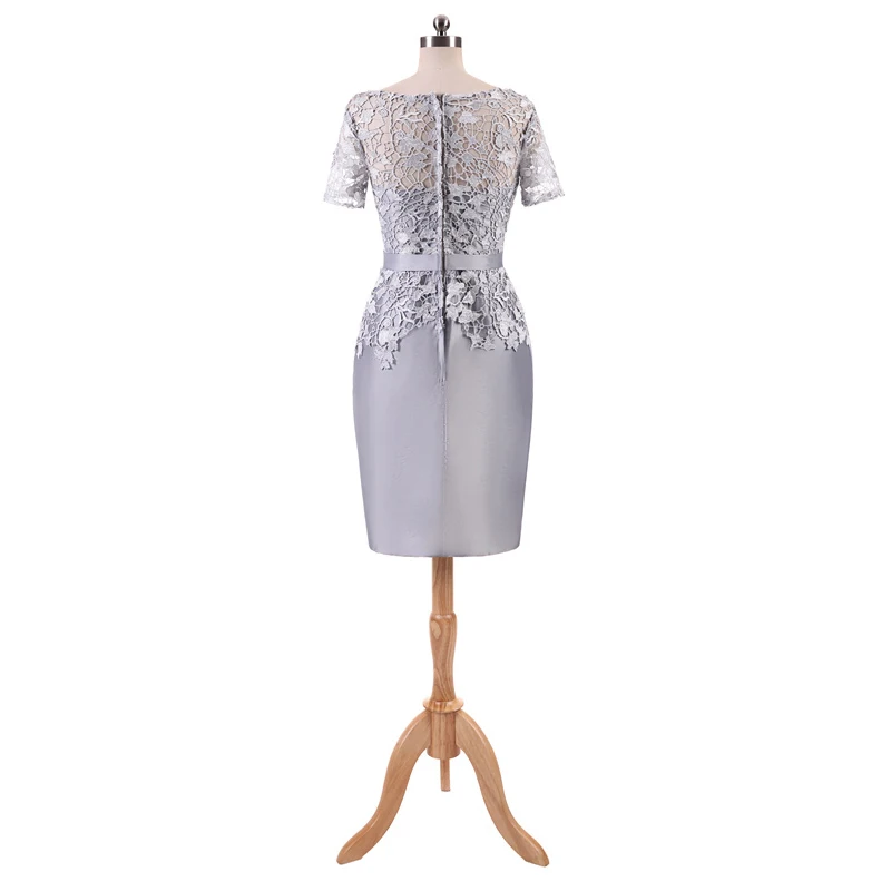 Cocktail Dresses Gray Illusion Flowers Short Sleeves Lace Zipper Straight Knee Length Formal Dress Party Gown It's YiiYa 7552