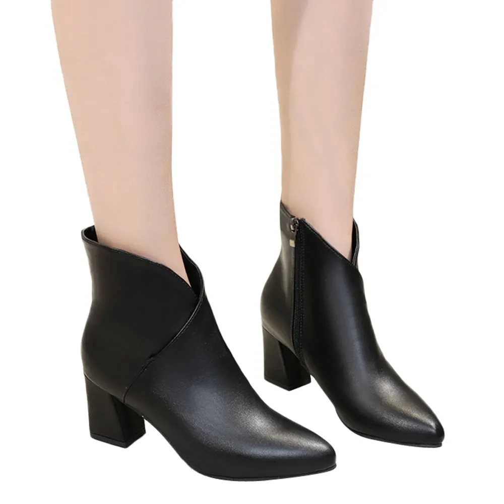 

Women Boots 2018 New Shoes PU Leather High Heel Shoes Martain Boot Solid Color PointedToe Zipper Shoes Women Booties Botas
