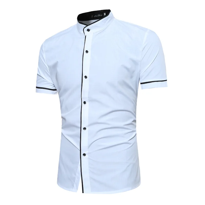 Мужская рубашка со стоячим воротником, лето, короткий рукав, Мужская одежда, рубашки с черным краем, бизнес стиль, сплошной цвет, Chemise Homme Camisa XXL - Цвет: White