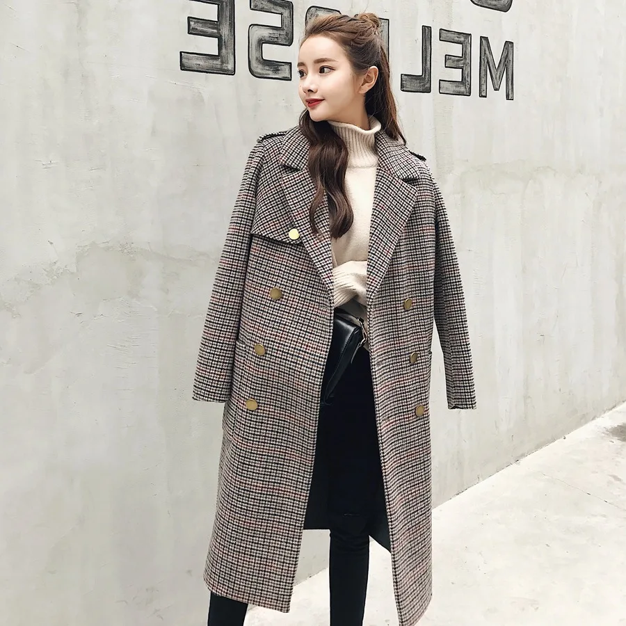 Classic Plaid Tailored Collar Woolen Coat Female 2017